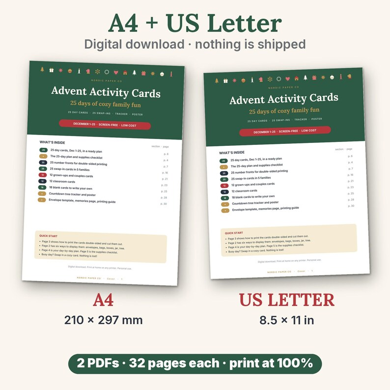 May include: Two digital download sheets for Advent Activity Cards, featuring a dark green header with holiday icons, white body text listing contents, and a beige quick start section. Includes A4 210 x 297 mm and US Letter 8.5 x 11 in sizes.