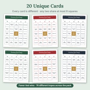 May include: A set of six Christmas Movie Bingo cards featuring 20 unique designs. Each card has a 5x5 grid with a central free space, displaying various holiday-themed tropes in text. The cards are color-coded in green, red, and dark blue.