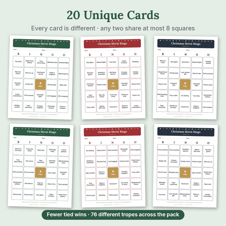 May include: A set of six Christmas Movie Bingo cards featuring 20 unique designs. Each card has a 5x5 grid with a central free space, displaying various holiday-themed tropes in text. The cards are color-coded in green, red, and dark blue.
