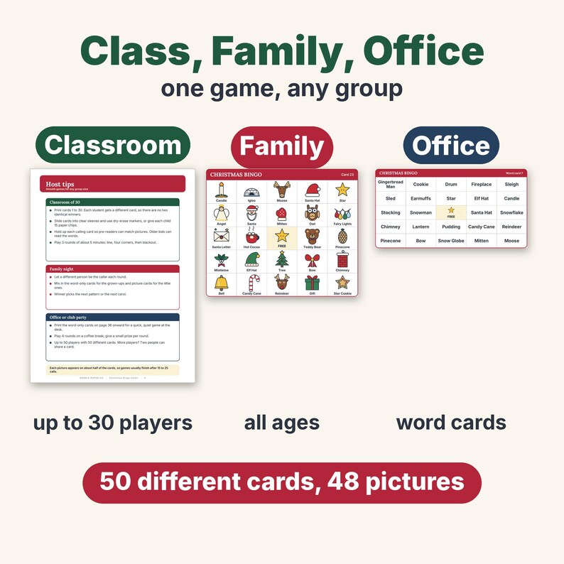 Bingo navideño imprimible, 50 tarjetas de bingo con imágenes únicas para niños, adultos y grupos grandes, juego para el aula y fiestas familiares. imagen 8