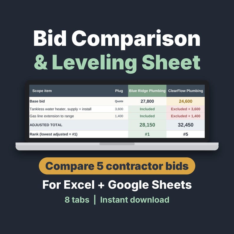 Contractor Bid Comparison Template, Construction Bid Leveling Spreadsheet, Quote Sheet image 1