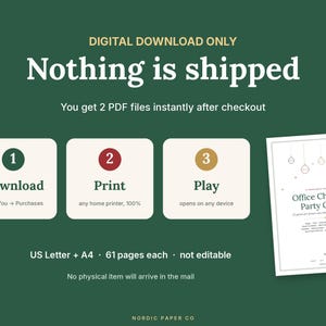 Pode incluir: Um gr&aacute;fico de download digital em um fundo verde escuro com o texto: DIGITAL DOWNLOAD ONLY, Nothing is shipped, You get 2 PDF files instantly after checkout, 1 Download, 2 Print, 3 Play, US Letter + A4, 61 pages each, not editable.