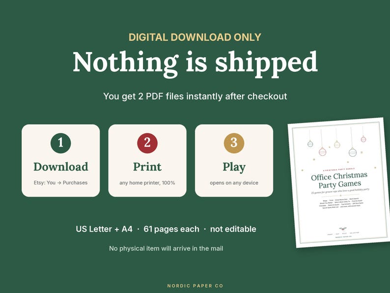 Pode incluir: Um gr&aacute;fico de download digital em um fundo verde escuro com o texto: DIGITAL DOWNLOAD ONLY, Nothing is shipped, You get 2 PDF files instantly after checkout, 1 Download, 2 Print, 3 Play, US Letter + A4, 61 pages each, not editable.