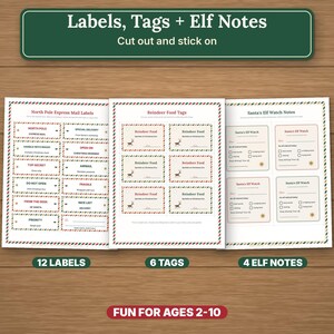 Puede incluir: Una hoja imprimible con 12 etiquetas de North Pole Express Mail, 6 etiquetas de Reindeer Food y 4 notas de Santa's Elf Watch. Los dise&ntilde;os incluyen bordes a rayas rojas y verdes, texto y gr&aacute;ficos de renos sobre fondo blanco.