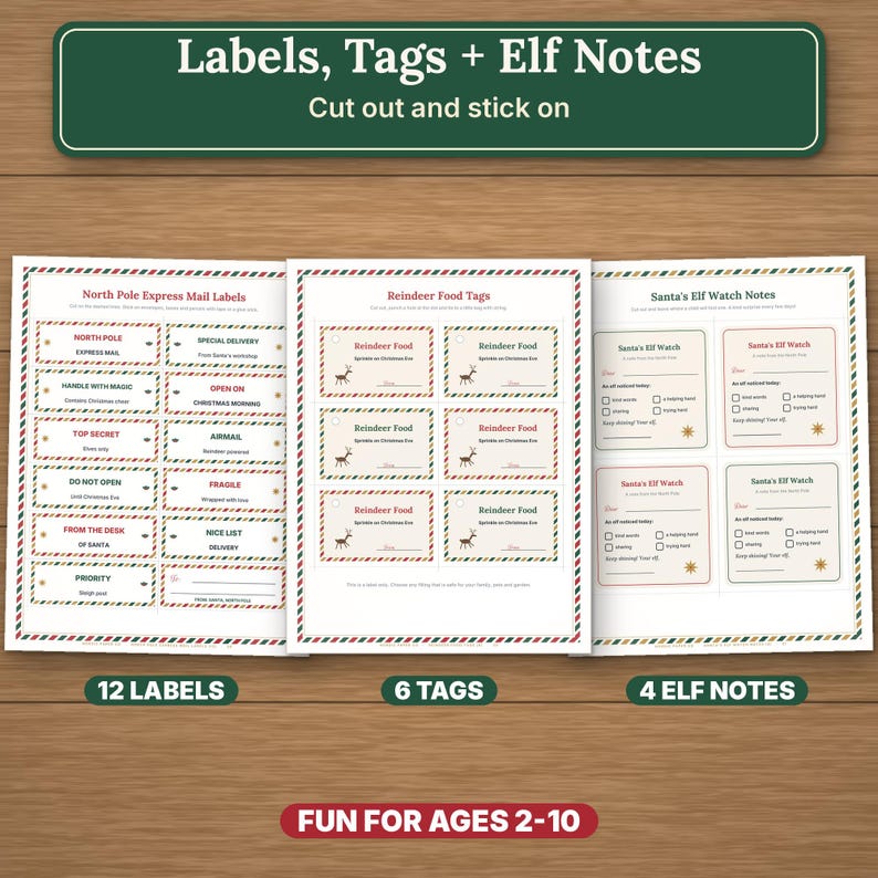 Puede incluir: Una hoja imprimible con 12 etiquetas de North Pole Express Mail, 6 etiquetas de Reindeer Food y 4 notas de Santa's Elf Watch. Los dise&ntilde;os incluyen bordes a rayas rojas y verdes, texto y gr&aacute;ficos de renos sobre fondo blanco.