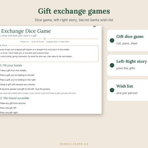 Pode incluir: Uma folha de instru&ccedil;&otilde;es imprim&iacute;vel para um jogo de dados de troca de presentes com regras para duas rodadas, incluindo a&ccedil;&otilde;es como rolar, passar, trocar e roubar. O documento lista os requisitos e inclui uma barra lateral com resumos para o jogo de dados, a hist&oacute;ria esquerda-direita e a lista de desejos.