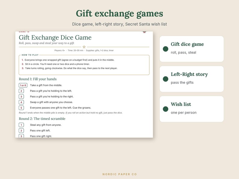 Pode incluir: Uma folha de instru&ccedil;&otilde;es imprim&iacute;vel para um jogo de dados de troca de presentes com regras para duas rodadas, incluindo a&ccedil;&otilde;es como rolar, passar, trocar e roubar. O documento lista os requisitos e inclui uma barra lateral com resumos para o jogo de dados, a hist&oacute;ria esquerda-direita e a lista de desejos.