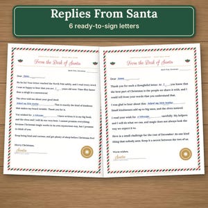 Puede incluir: Dos hojas de papel de carta tituladas Replies From Santa, que contienen 6 cartas listas para firmar. Cada p&aacute;gina tiene un borde a rayas rojas y verdes, el texto From the Desk of Santa, l&iacute;neas en blanco para completar y un sello dorado abajo a la derecha.