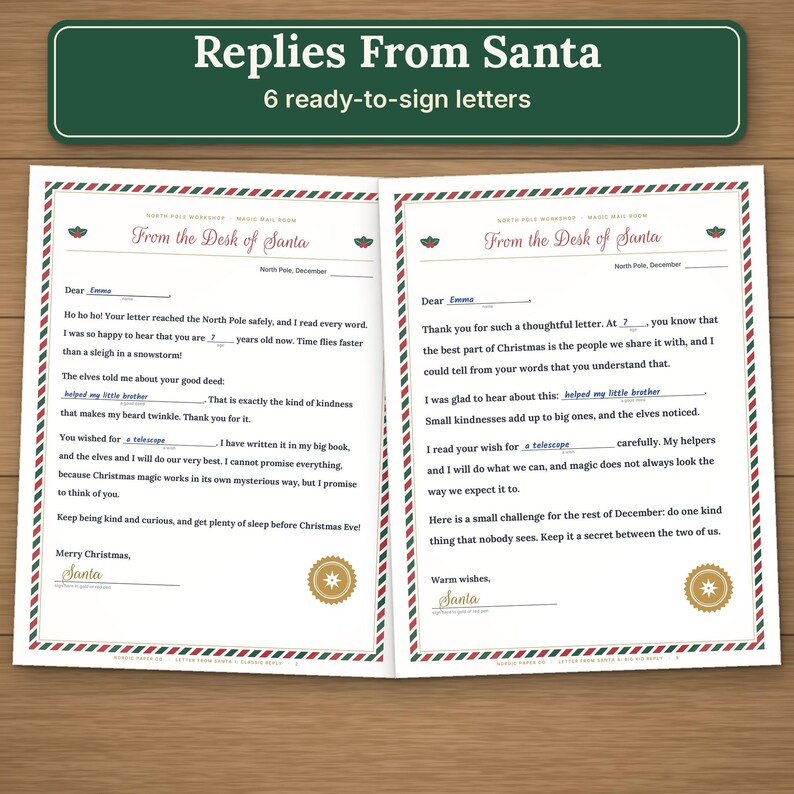 Puede incluir: Dos hojas de papel de carta tituladas Replies From Santa, que contienen 6 cartas listas para firmar. Cada p&aacute;gina tiene un borde a rayas rojas y verdes, el texto From the Desk of Santa, l&iacute;neas en blanco para completar y un sello dorado abajo a la derecha.