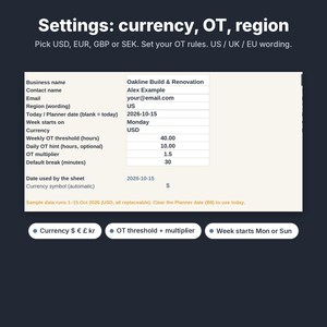 K&ouml;nnte beinhalten: Eine digitale Einstellungsoberfl&auml;che f&uuml;r einen Gesch&auml;ftsplaner mit einer Tabelle, die Felder f&uuml;r Firmenname, Kontakt, E-Mail, Region, Datum, Wochenbeginn, W&auml;hrung und &Uuml;berstundenregeln enth&auml;lt. Der Text umfasst Bezeichnungen wie w&ouml;chentliche &Uuml;berstundenschwelle.