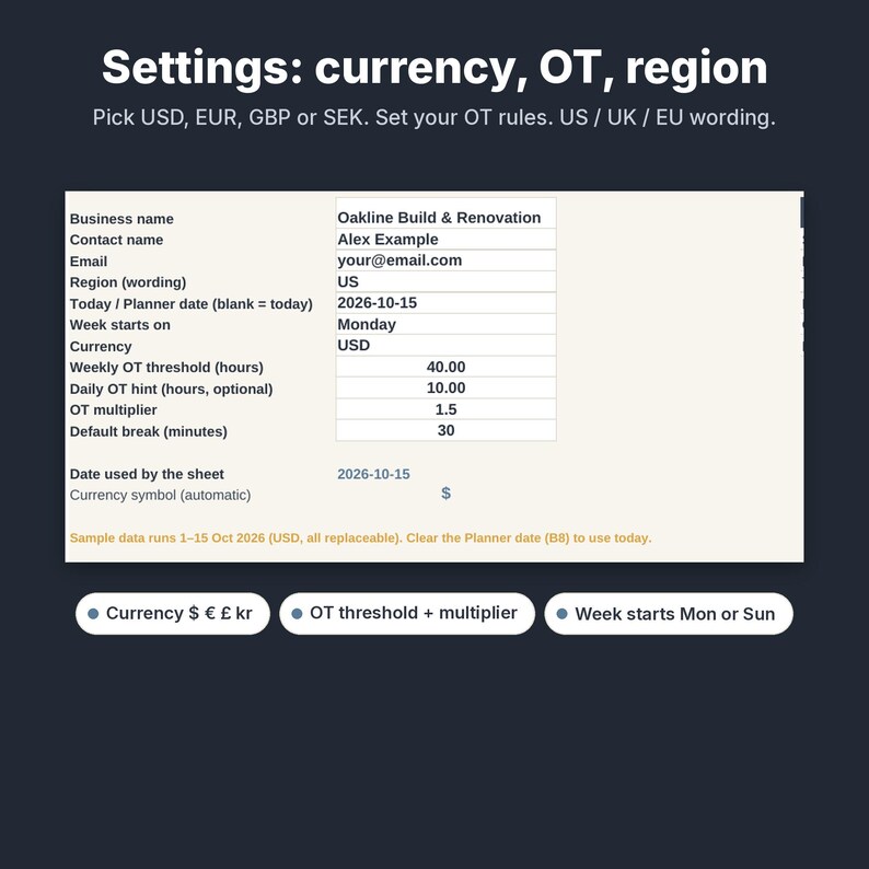K&ouml;nnte beinhalten: Eine digitale Einstellungsoberfl&auml;che f&uuml;r einen Gesch&auml;ftsplaner mit einer Tabelle, die Felder f&uuml;r Firmenname, Kontakt, E-Mail, Region, Datum, Wochenbeginn, W&auml;hrung und &Uuml;berstundenregeln enth&auml;lt. Der Text umfasst Bezeichnungen wie w&ouml;chentliche &Uuml;berstundenschwelle.