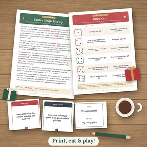 May include: A printable Christmas party game set featuring a story titled Santa's Sleigh Mix-Up, an Office Card instruction sheet with dice rolls, swap cards, a This or That card, a coffee mug, and a pencil on a wooden surface.