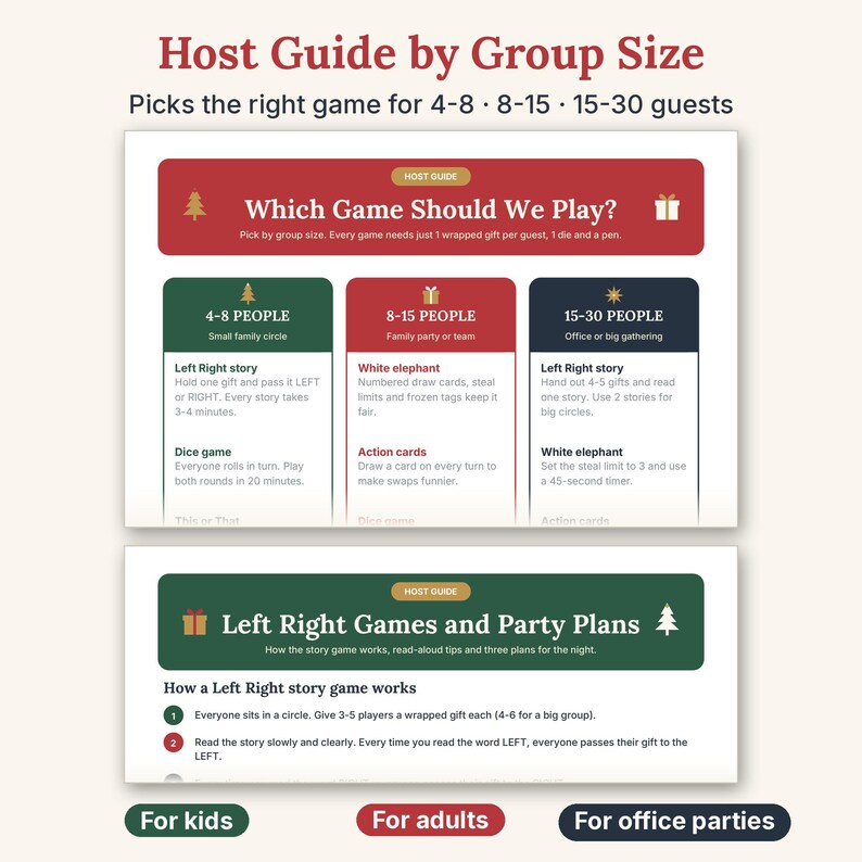 May include: A host guide infographic titled Host Guide by Group Size, featuring game recommendations for 4-8, 8-15, and 15-30 guests. The document includes sections for Left Right Games and Party Plans, with text detailing game instructions, group sizes, and party types in red, green, and dark blue color blocks.