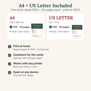 May include: A digital product listing showing A4 and US Letter PDF formats. Text includes A4 210 x 297 mm, US Letter 8.5 x 11 in, 32 pages each, print at 100%, print at home, cardstock for the cards, works with any printer, and open on any device.