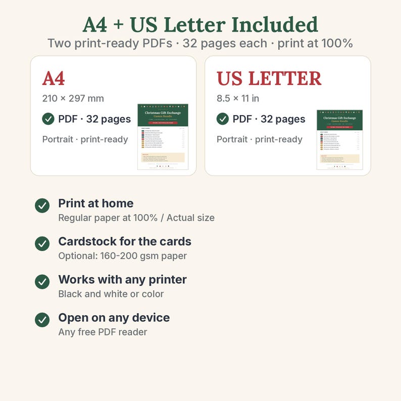 May include: A digital product listing showing A4 and US Letter PDF formats. Text includes A4 210 x 297 mm, US Letter 8.5 x 11 in, 32 pages each, print at 100%, print at home, cardstock for the cards, works with any printer, and open on any device.
