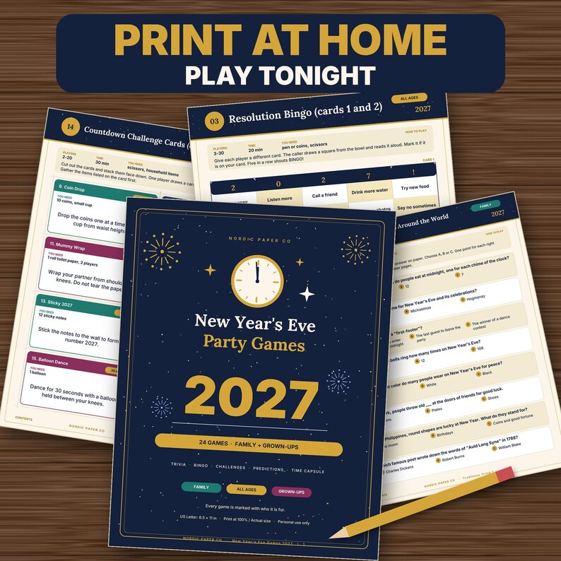 May include: A set of printable New Year's Eve party games for 2027, featuring a dark blue cover with a clock graphic, fireworks, and the text 'New Year's Eve Party Games 2027'. Includes game sheets for Resolution Bingo and Countdown Challenges.
