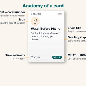 May include: An infographic titled Anatomy of a card showing a white rectangular card with the text Morning, M01, a glass icon, Water Before Phone, Drink a full glass of water before unlocking your phone, ~1 min, and MUST.