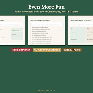 May include: Three printable game sheets titled Even More Fun, featuring Roll a Snowman, 60-Second Challenges, and Christmas Wish & Thanks. Each sheet includes instructions and activity prompts on a light background with dark text.