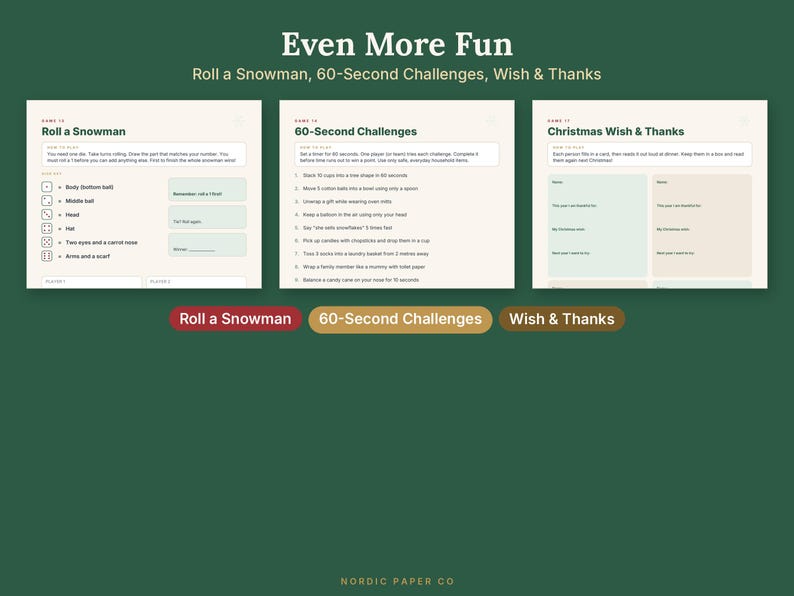 May include: Three printable game sheets titled Even More Fun, featuring Roll a Snowman, 60-Second Challenges, and Christmas Wish & Thanks. Each sheet includes instructions and activity prompts on a light background with dark text.