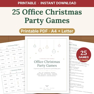Pode incluir: Um pacote de 25 jogos para festas de Natal no escrit&oacute;rio em formato PDF imprim&iacute;vel, dispon&iacute;vel em A4 e Letter. O documento inclui cart&otilde;es de bingo de Natal, perguntas de trivia e uma lista de 25 jogos em 61 p&aacute;ginas com enfeites.