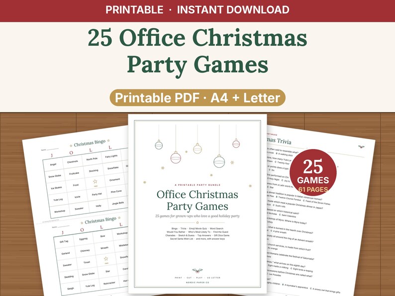 Pode incluir: Um pacote de 25 jogos para festas de Natal no escrit&oacute;rio em formato PDF imprim&iacute;vel, dispon&iacute;vel em A4 e Letter. O documento inclui cart&otilde;es de bingo de Natal, perguntas de trivia e uma lista de 25 jogos em 61 p&aacute;ginas com enfeites.