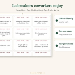 Pode incluir: Um conjunto de cartas de jogo Never Have I Ever imprim&iacute;veis com texto vermelho escuro num fundo branco. As cartas apresentam sugest&otilde;es como Wrapped a present in newspaper e Built a snowman taller than me. O layout inclui caixas de texto para Office-friendly, Cut-out cards e Any group size, com o t&iacute;tulo Icebreakers coworkers enjoy no topo.
