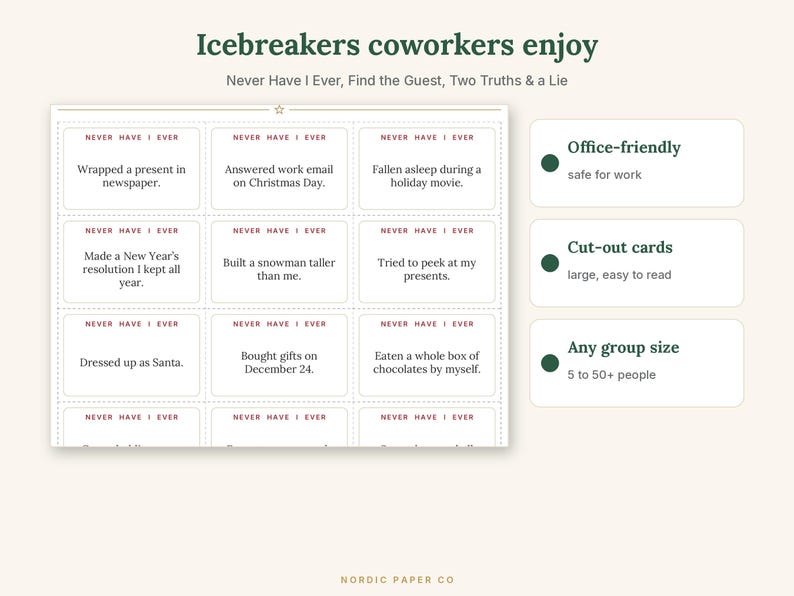 Pode incluir: Um conjunto de cartas de jogo Never Have I Ever imprim&iacute;veis com texto vermelho escuro num fundo branco. As cartas apresentam sugest&otilde;es como Wrapped a present in newspaper e Built a snowman taller than me. O layout inclui caixas de texto para Office-friendly, Cut-out cards e Any group size, com o t&iacute;tulo Icebreakers coworkers enjoy no topo.