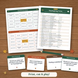 May include: A Thanksgiving game set featuring two bingo cards, a trivia sheet with twenty questions, and four game cards with prompts like Would You Rather, Who's Most Likely To, and Charades, accompanied by a green pencil on a wood surface.