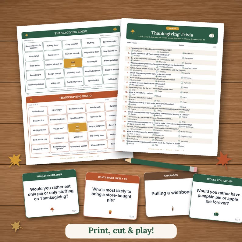May include: A Thanksgiving game set featuring two bingo cards, a trivia sheet with twenty questions, and four game cards with prompts like Would You Rather, Who's Most Likely To, and Charades, accompanied by a green pencil on a wood surface.