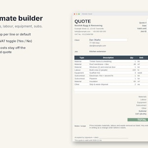May include: A digital estimate builder interface displaying a quote document for a kitchen extension project. The document includes sections for materials, labor, equipment, and subcontracts with itemized costs, a subtotal, VAT, and a final total of 32,907.12.