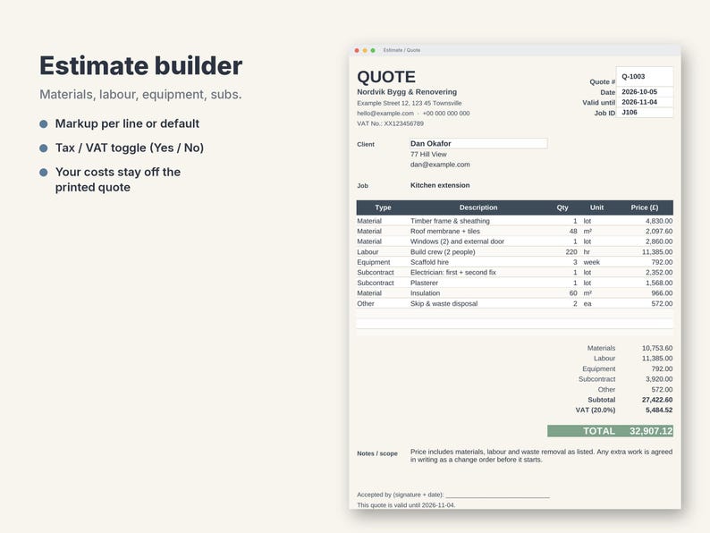 May include: A digital estimate builder interface displaying a quote document for a kitchen extension project. The document includes sections for materials, labor, equipment, and subcontracts with itemized costs, a subtotal, VAT, and a final total of 32,907.12.