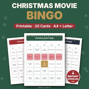 May include: A set of printable Christmas Movie Bingo cards featuring a grid with various holiday-themed prompts. The cards include text such as Toy shop, Small-town bakery, and Tree decorating. The design features red, gold, and white accents.