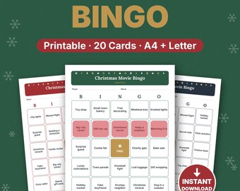 Christmas Movie Bingo Printable, 20 Unique Cards, Family & Office Party Game, A4 + Letter