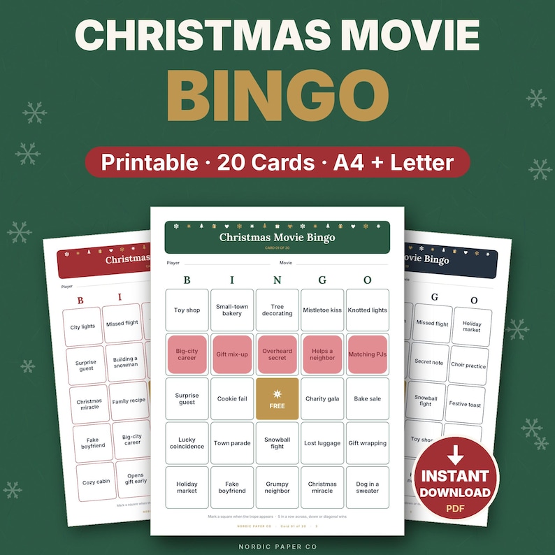 May include: A set of printable Christmas Movie Bingo cards featuring a grid with various holiday-themed prompts. The cards include text such as Toy shop, Small-town bakery, and Tree decorating. The design features red, gold, and white accents.