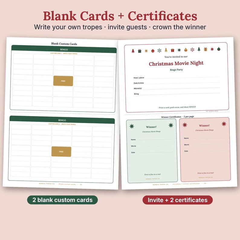 May include: A set of printable sheets featuring two blank bingo cards with green headers, a Christmas movie night invitation with festive icons, and two winner certificates in light green and pink, all with text in English.