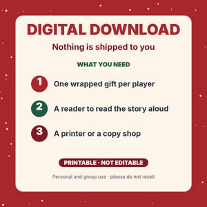Jeu de Noël imprimable Gauche Droite, 6 histoires à lire à voix haute pour la famille, les enfants et les échanges de cadeaux au bureau image 10