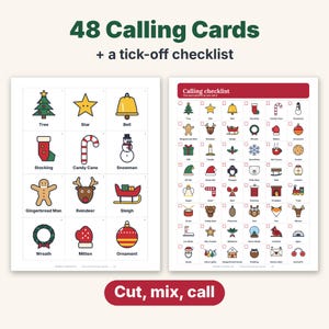 Bingo navideño imprimible, 50 tarjetas de bingo con imágenes únicas para niños, adultos y grupos grandes, juego para el aula y fiestas familiares. imagen 4
