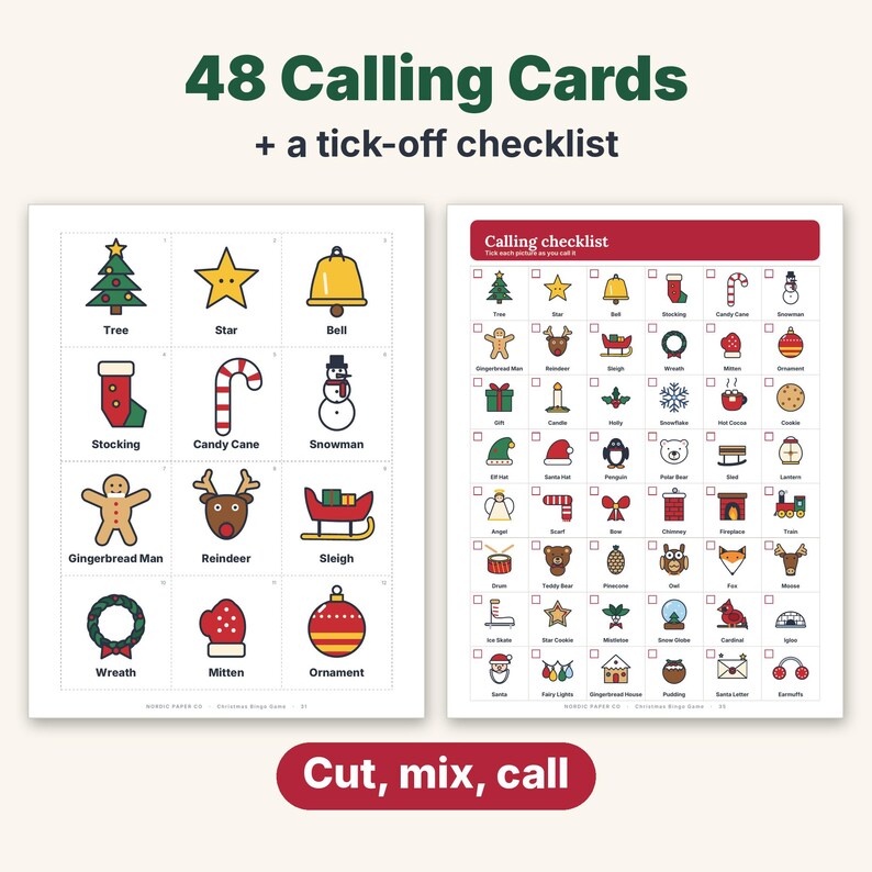 Bingo navideño imprimible, 50 tarjetas de bingo con imágenes únicas para niños, adultos y grupos grandes, juego para el aula y fiestas familiares. imagen 4