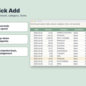 May include: A digital interface titled Quick Add with the text Date, amount, category. Done. It features three bulleted points highlighting 10 seconds per spend, drop-down categories, and tagging impulse buys alongside a spreadsheet.