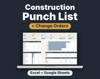Könnte beinhalten: Ein Laptop-Bildschirm zeigt ein Construction Punch List und Change Orders Dashboard mit verschiedenen Datentabellen, Balkendiagrammen und Projektkennzahlen. Kompatibel mit Excel und Google Sheets.