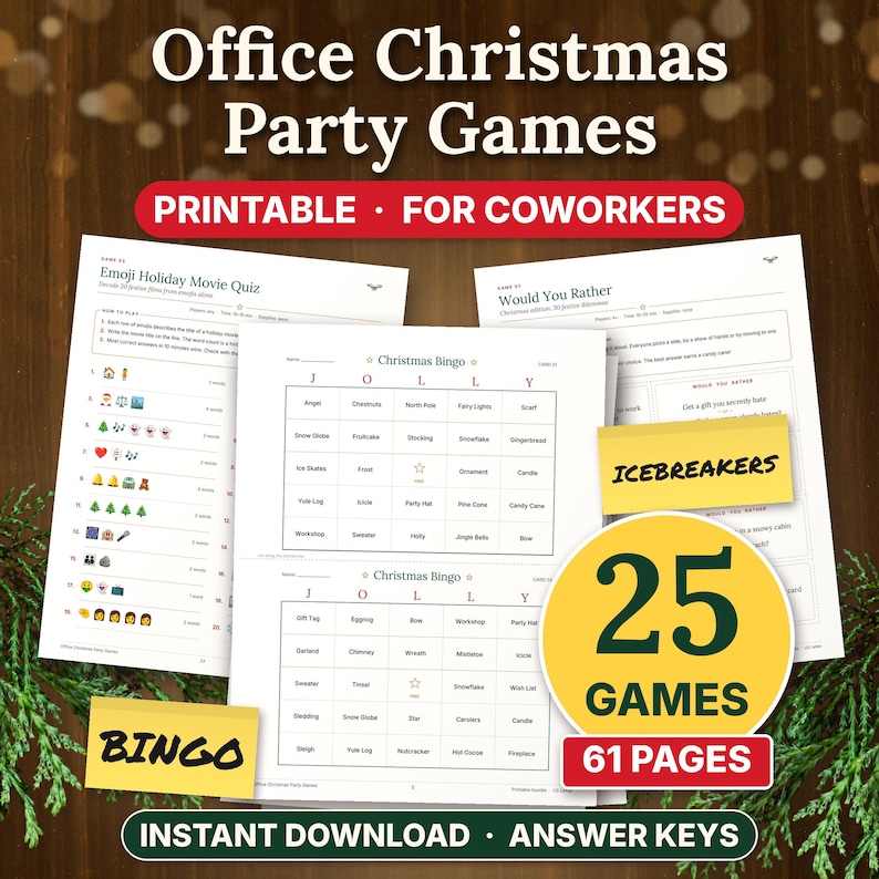 Jogos para Festa de Natal no Escritório para Imprimir, 25 Jogos para Colegas de Trabalho, Bingo, Perguntas e Respostas e Quebra-Gelos imagem 1