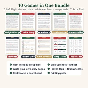 May include: A bundle of 10 printable Christmas games including Left Right stories, dice games, white elephant rules, swap cards, and This or That. The set features various game sheets with text, colored headers, and a list of included items like a host guide, sign-up sheet, gift list, story pages, certificates, scoreboard, tags, draw cards, and a printing guide.