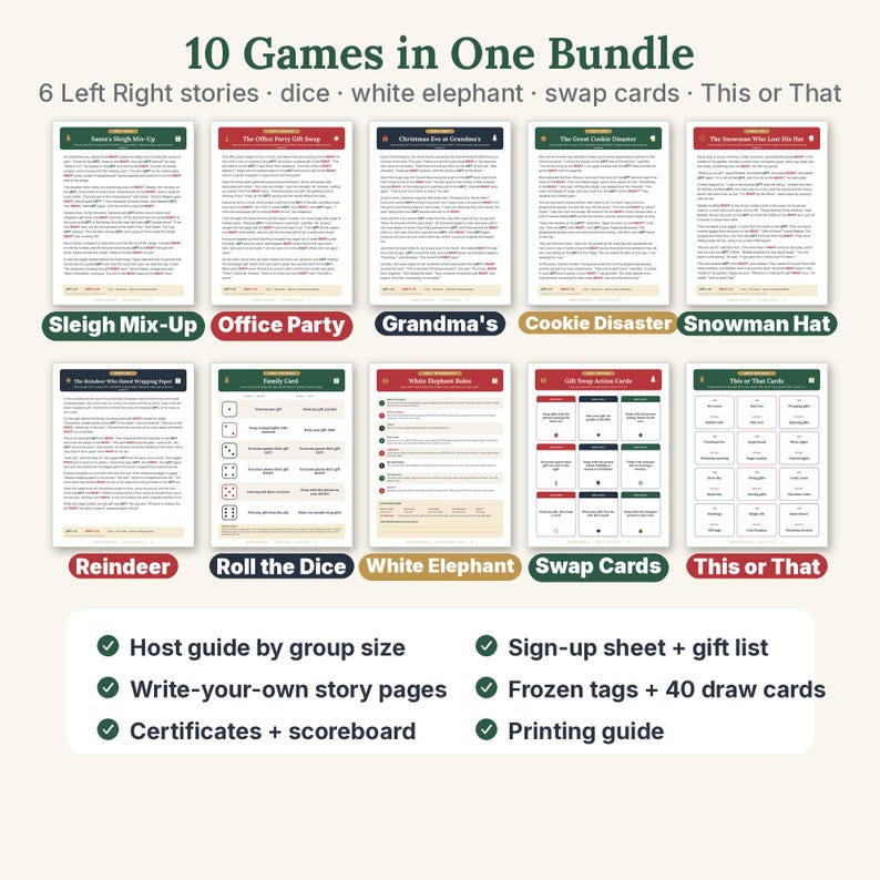 May include: A bundle of 10 printable Christmas games including Left Right stories, dice games, white elephant rules, swap cards, and This or That. The set features various game sheets with text, colored headers, and a list of included items like a host guide, sign-up sheet, gift list, story pages, certificates, scoreboard, tags, draw cards, and a printing guide.