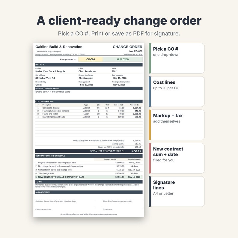 Construction Change Order Form & Log Template for Contractors and Remodelers image 2