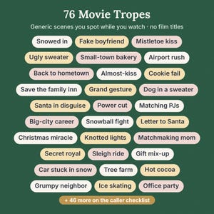 May include: A dark green graphic chart titled 76 Movie Tropes, featuring a list of common film themes in rounded rectangular labels colored white, yellow, and pink. Text includes Snowed in, Fake boyfriend, Mistletoe kiss, and more.