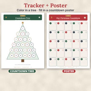 May include: A Christmas countdown set featuring two posters. The left poster displays a triangular tree with 25 numbered circles for coloring. The right poster shows a grid with 25 numbered boxes for daily activities and checkboxes.