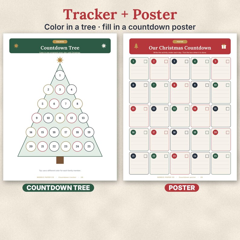 May include: A Christmas countdown set featuring two posters. The left poster displays a triangular tree with 25 numbered circles for coloring. The right poster shows a grid with 25 numbered boxes for daily activities and checkboxes.