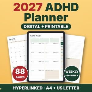 May include: A 2027 ADHD planner digital and printable product featuring a tablet screen displaying a weekly layout with energy trackers. Includes 88 pages, monthly and weekly views, hyperlinked navigation, and A4 and US Letter size options.