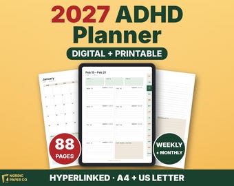 Może przedstawiać: Cyfrowy i drukowalny planer ADHD na rok 2027 z ekranem tabletu wyświetlającym układ tygodniowy z trackerami energii. Zawiera 88 stron, widoki miesięczne i tygodniowe, hiperłącza oraz formaty A4 i US Letter.