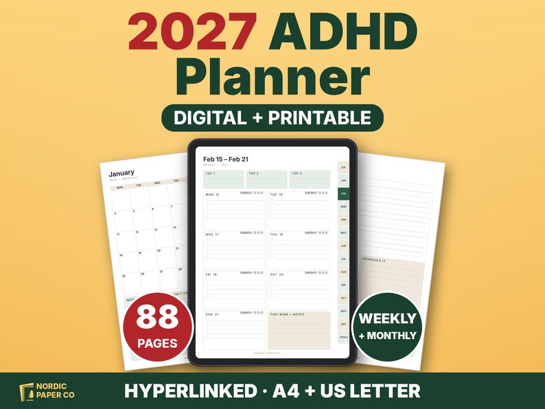 ADHD-planerare 2027, hyperlänkad digital och utskrivbar PDF för GoodNotes och iPad bild 1